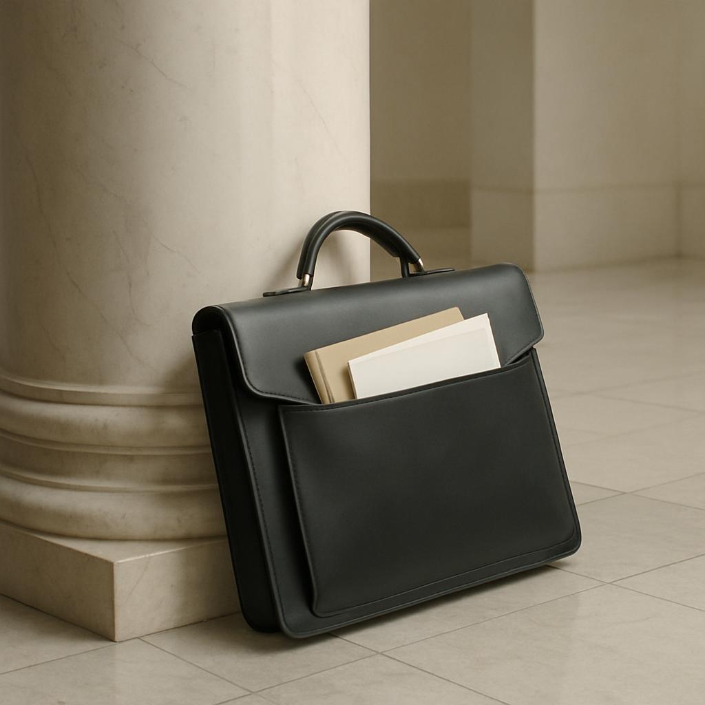 Here is the rewritten text in the original tone: This image features a black leather briefcase positioned in front of a pi...