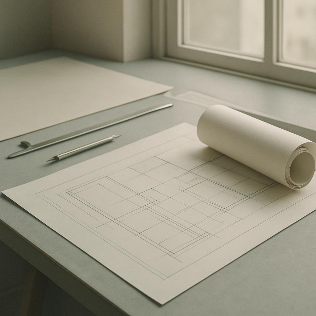 Desk with a roll of paper and blueprint with outlined squares at one end.