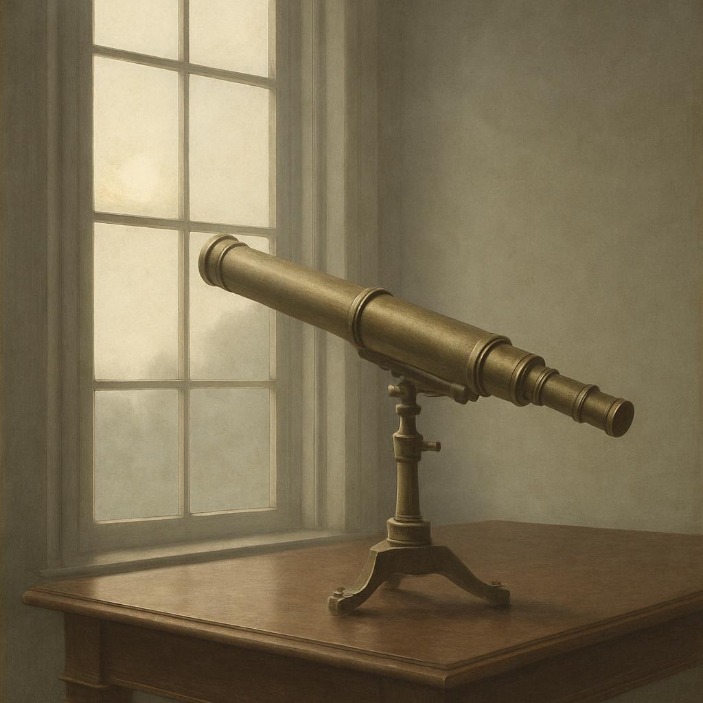 This is a photograph of a long, copper-colored telescope standing on a table, pointing straight out the window.