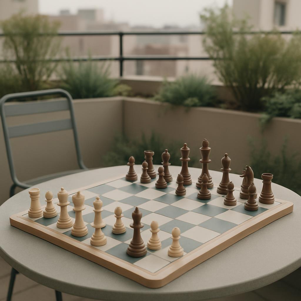 A light and dark-colored chessboard with pieces set up on a table or balcony, surrounded by green plants in pots.
